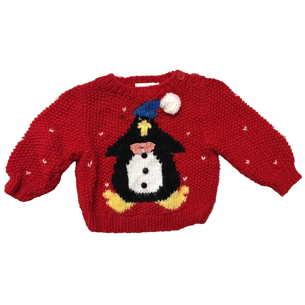 Sage Lauren Handmade Christmas Sweater Vintage Baby 12M Red Penguin Knit Holiday